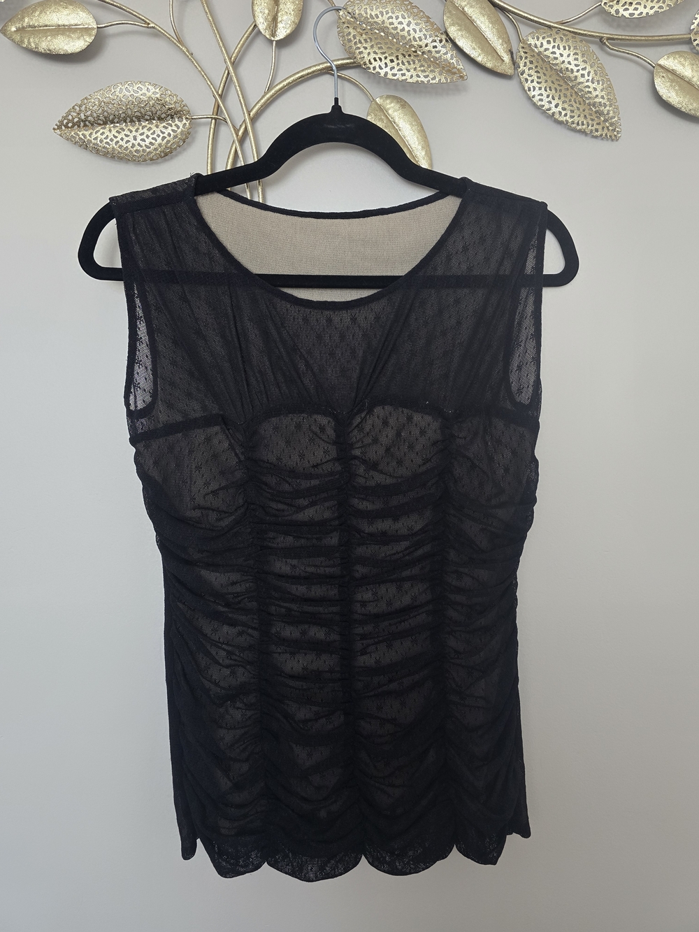 Black Sheer Ruched Sleeveless Top Elegant  Size S Y2K